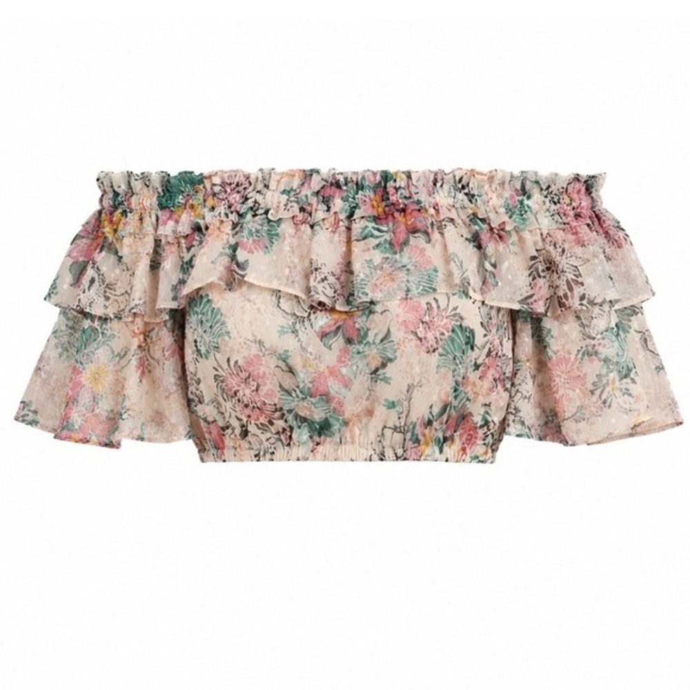 Walter Baker Floral Ruffle‎ Off The Shoulder Crop Top Pink Green Size M NWT